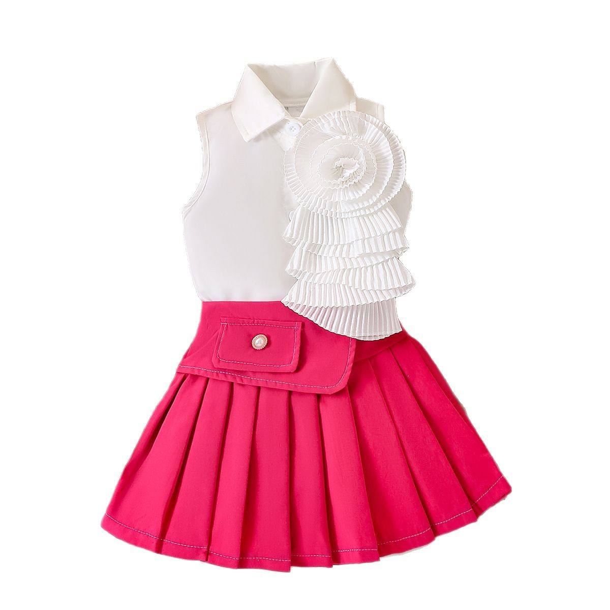 2025 Summer New Girls' Clothes With a Collared Sleeveless Shirt and a Rose  Red Pleated Skirt Clothes Set