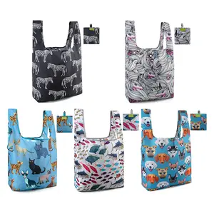 Factory Cute Cartoon Animal Printing Folding Shopping Bag Vest Foldable Tote Grocery Bag With Custom Print