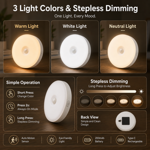 Veilleuse LED à détecteur de mouvement, 3 températures de couleur (3000K, 4500K, 6000K), rechargeable, lampe de nuit intérieure pour chambre, couloir, escalier - Product Image 3