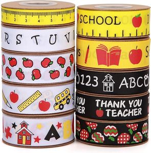 Ruban gros-grain 100% polyester double face anti-rétrécissement à feuille d'or, motif rentrée scolaire, alphabet, pomme, règle, crayon, vente en gros - Product Image 1