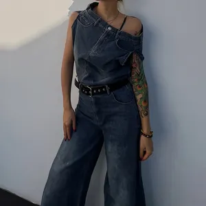 Z164813 2023 Sexy Vrouwen Denim Jean Outfit 2 Delige Set Individualiteit Cut Uniek Design Jeans Broek Set Met Riem