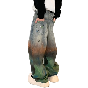 مصمم أزياء العلامة التجارية الرجال فضفاض الجينز الفضفاض الأمريكية غسلها القذرة نقطة الحبر دفقة بنطال الدنيم نمط الشارع الشهير مع منتصف الخصر - Product Image 5