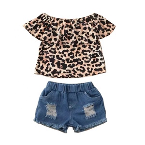 Wholesale Ruffle <strong>Leopard</strong> <strong>Print</strong> Off Shoulder Tops Kids Wear Denim Shorts Clothes Set Summer <strong>Outfits</strong> <strong>for</strong> Toddler <strong>Girls</strong> - Product Image 1