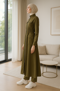 YXC009 Premium Muslimisch-Inspirierter Olivgrüner Langer Trenchcoat mit Reißverschluss & Mehreren Taschen Passender Bambus-Modal-Hijab - Product Image 3