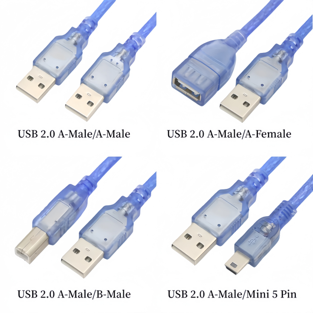 1.5m Transparent Blue USB 2.0 A-Male to A-Male/A-Female/B-Male/Mini 5 Pin Data Cable