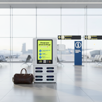 Borne de recharge commerciale aéroportuaire multi-paiements à 8 emplacements avec écran tactile vertical et station de partage de batteries externes