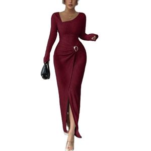 Abito Lungo Elasticizzato da <span class=keywords><strong>Donna</strong></span> Autunno Inverno Stile Vintage Texture Lavorata a Maglia Antistatico Casual Maxi Dress - Product Image 2