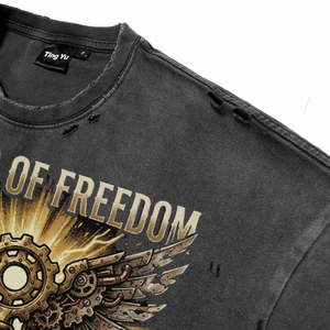 Men's Vintage Distress Acid Wash T Shirt Punk Winged Mechanical Key with Letter Print Oversized Short Sleeve Tees <b>for</b> Wholesale - Product Image 5