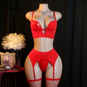 Ensemble de Lingerie Rouge en Cuir PU B1199 avec Porte-Jarretelles, Soutien-Gorge, Culotte et Bas Résille Taille Haute Push-<span class=keywords><strong>Up</strong></span> – Vente en Gros pour Femmes - Product Image 4