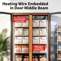 Congélateur vertical à double porte avec vitrine, écran intégral en verre, sans givre, refroidissement par air, congélation rapide pour supermarché