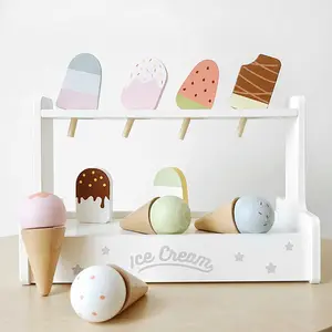 COMMIKI Wooden Ice Cream Cart Simulation Ice Cream Wooden Pretend Play Toys Kitchen Set Suitcase