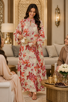Robe longue ample à manches évasées imprimé feuille d'érable, Abaya en polyester pour femme, idéale pour les vacances, les rassemblements, le quotidien et l'Aïd