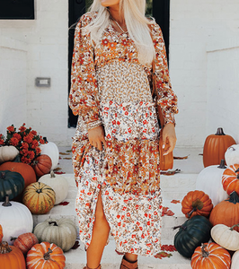 2025 all'ingrosso autunno inverno Casual elegante stampa arruffata manica lunga floreale collo a V Maxi abito di <span class=keywords><strong>zucca</strong></span> di Halloween - Product Image 1