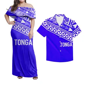 Polynesian 파란색과 흰색 Tongan 부족 인쇄 2 조각 세트 5XL 여성 프릴 한 어깨 맥시 드레스 일치하는 남성 셔츠
