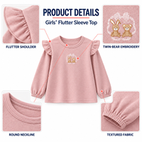 Op maat gemaakte meisjes shirts met vlindermouwen, lange mouwen, basislaag, kinder- en peuter shirts met ronde hals, OEM ODM groothandel leverancier