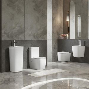 Ensemble de toilettes et lavabo sur pied en céramique moderne blanc, à chasse d'eau directe, à poser au sol, WC carré - Product Image 3