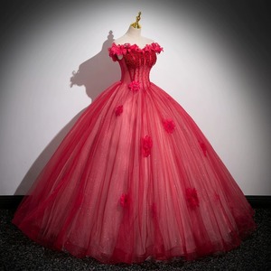 Red Off Shoulder Ball Gown Dress Floral Tulle Skirt Performance Attire Host Vocal Exam Annual Meeting Dress - Product Image 3