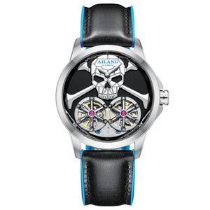 Montre mécanique automatique Ailang à double tourbillon, design tête de mort, bracelet en cuir noir, boîtier en verre, cadran en verre, acier inoxydable 12 mm, 30 m - Product Image 3