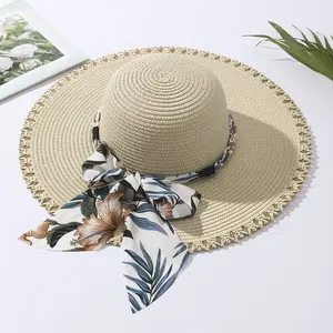 Dome custom Bow tie beach hats for women summer straw sun shade hat Paper color hats with flap Foldable sun visor lacework