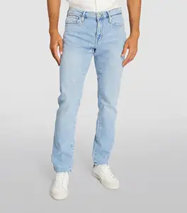 Calça jeans masculina de lavagem leve, logotipo personalizado de fábrica, slim fit, básica, 5 bolsos, com zíper