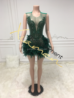 Ocstrade – vêtements de chanteur de danse pour femmes, plumes Sexy, cristal noir, strass, robes de Club, body transparent, robe de scène