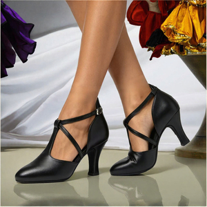 Chaussures de danse latine à talon évasé pour femmes, noires, à brides croisées et bride en T, avec boucle à la cheville, en cuir véritable de haute qualité, faible MOQ, OEM - Product Image 2