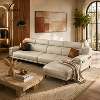 Canapé d'angle électrique moderne en cuir véritable beige, avec appuie-tête réglable, pieds en bois, rembourrage écologique en éponge, trois places