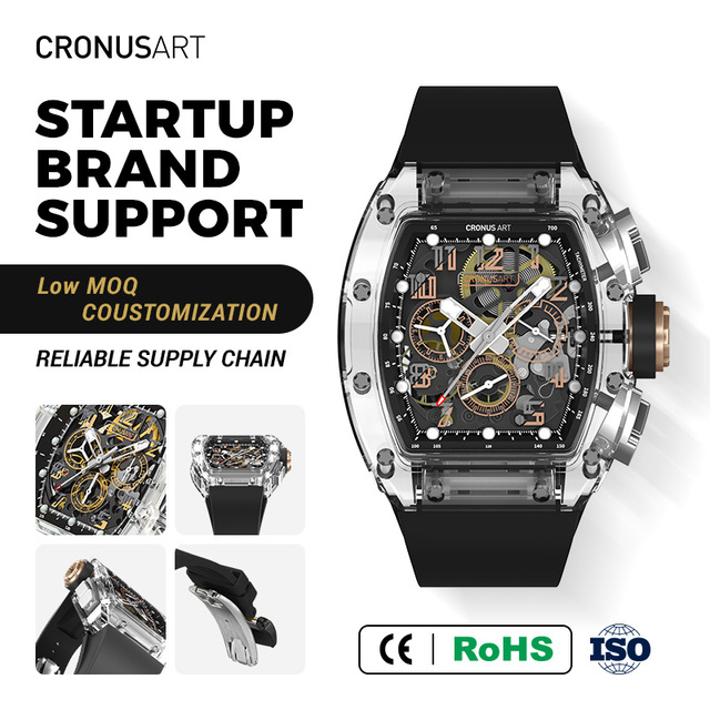 CRONUSART44mm Luxury Men's Skeleton Mechanical Watch Tonneau Case Rubber Band Hangzhou Movement Pointer Custom Logo Available