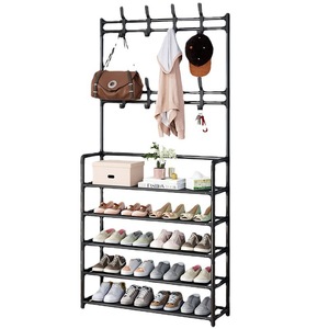 Arredamento per Dormitorio, Moderno Portascarpe Multifunzionale in Metallo a Più Livelli, Appendiabiti e Portacappelli da Terra - Product Image 1