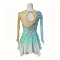 Robe de patinage artistique et de danse pour enfants et adultes, dégradé menthe et blanc, à une manche, avec strass et découpes florales au dos, pour compétition et spectacle