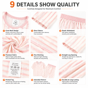 Pyjamas assortis pour la famille à rayures verticales rose clair en modal de bambou, vêtements de détente maman et moi, pantalon court à volants, tenue deux pièces pour bébé - Product Image 5