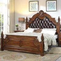 Lit de luxe de style américain, taille Queen, bois massif, design sculpté vintage, revêtement en cuir véritable, lit de luxe pour chambre principale de villa