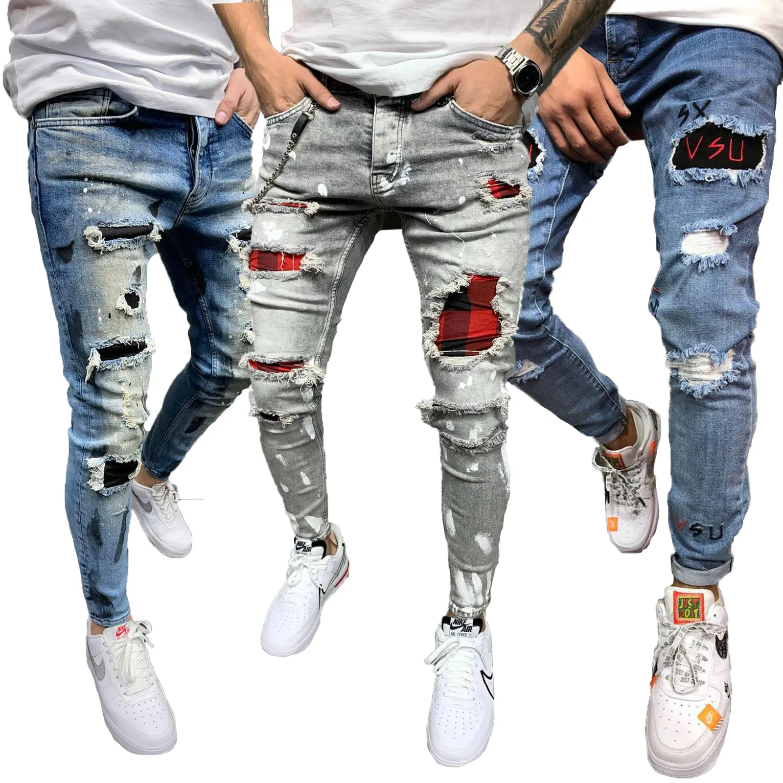 Nieuwste Stijl Mannen Slanke Gescheurde Kokerbroek Gat Patch Broek Handgeschilderde Denim Jeans