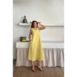 Robe en lin sans manches à col chemise, jaune, décontractée, longueur midi, taille S - Product Image 4