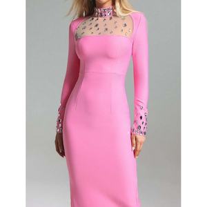 Vestidos de Mujer al por Mayor, Personalizados, OEM, de Alta Calidad, Color Sólido, Manga Larga, Malla Abierta con Diamantes, Cuello Redondo, Ajustados a la Cadera - Product Image 1