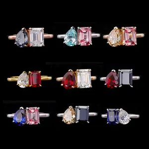 Starsgem Artificial Colored Stone Fine Jewelry Ring Sliver 9K 10K 14K 18K Gold 2 Stone Rings