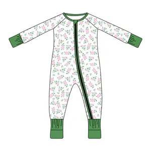 Custom Print 95% Bamboo Viscose 5% Spandex Long Sleeve Plain Baby Romper Flower Print Girl Baby Romper
