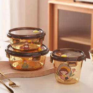 กล่องอาหารกลางวันแก้วอิมอเออร์ทรงกลมลายการ์ตูน ฝาปิดแบบมีซีล ใช้กับไมโครเวฟได้ สำหรับผู้ใหญ่ กล่องเก็บอาหาร - Product Image 1