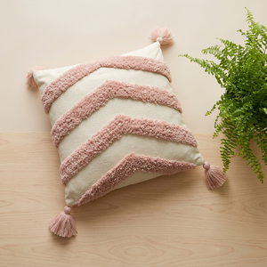 Bohemian Square <b>Cushion</b> Cover Embroidered Chevron Tassel Pink Cream Throw Pillow Case - Product Image 1