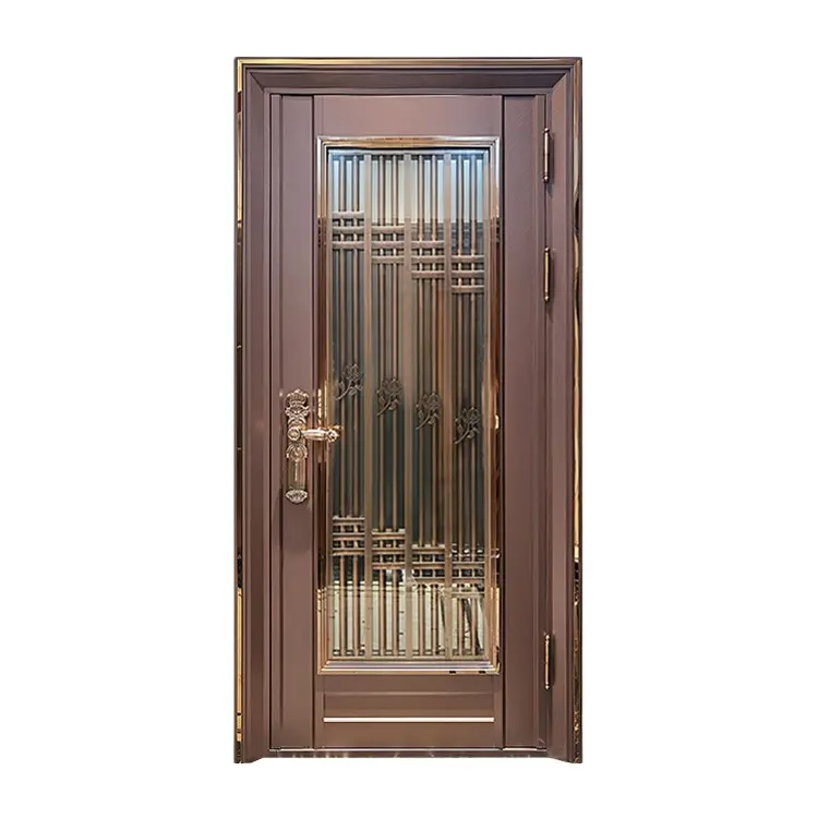 Нержавеющая сталь решетки украшения из прозрачного стекла инкрустированные бронированная дверь жилой входная дверь