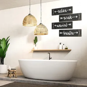 4 Pieces Antique Wooden Hanging Farmhouse Wall Sign Decorations For Home Laundry Room Bathroom (Black)