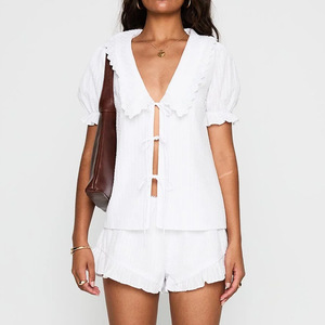 Forato Set bianco con lacci Casual Shorts con maniche a volant Shorts Sexy per donna due pezzi abbigliamento da donna - Product Image 3