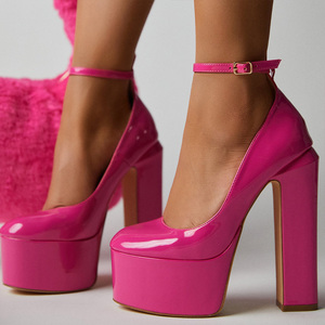 Escarpins à plateforme à semelle épaisse et talon carré, bout rond, avec bride à la cheville, en cuir verni, pour femme, grande taille 43 - Product Image 1