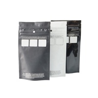 Sachet Doypack Mylar à fenêtre transparente, résistant aux enfants, noir mat, aspect verre, avec encoche de déchirement, trou de suspension, soufflet toucher doux, qualité alimentaire