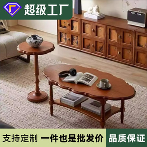 French Retro Solid Wood Coffee <b>Table</b> Double Layer Storage Petal Shape Living Room <b>Side</b> <b>Table</b> 2026 New Style - Product Image 5