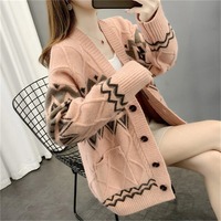 Cardigan en tricot pour femme, style décontracté, jacquard motif ours, color block, manteau pull ouvert sur le devant, automne hiver
