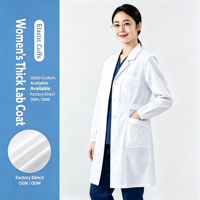 Blouse de laboratoire fine pour femmes avec poignets élastiques, 20% coton 80% polyester, uniforme blanc à manches longues pour infirmières, hôpitaux, cabinets dentaires et salons de beauté