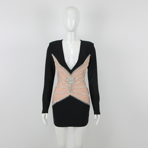 Elegante Abito <span class=keywords><strong>Nero</strong></span> Aderente da Donna, Sexy, a Maniche Lunghe, con Patchwork e Scollo a V Profondo, Decorato con Strass, per Club - Product Image 4