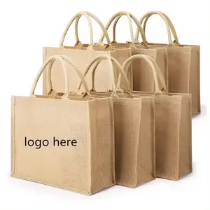 Оптовая продажа, многоразовая пляжная сумка для покупок, Экологичная Женская пустая сумка из мешковины, Джутовая сумка с коричневой хлопчатобумажной ручкой