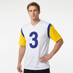 Camiseta de Fútbol Americano Personalizada para Hombre, Blanca, Azul y Amarilla, Cuello en V, Manga Corta, Malla Transpirable, con el Número 3 - Product Image 2